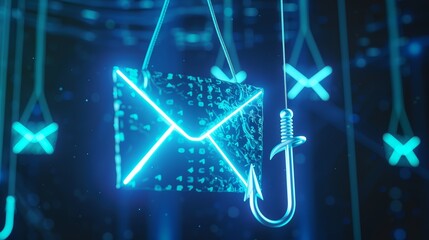 Phishing awareness. A fishing hook and an email envelope on a blue background. Cybersecurity, cyber crime, online fraud and scam concept.
