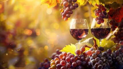 Wine festival. Two glasses of red wine, bunches of grapes against the backdrop of a vineyard at sunset. Horizontal banner, copy space. For wine bar, restaurant, winery. Label, flyer, postcard, poster