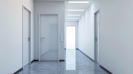 A clean, minimalist classroom door with a simple design, placed in a plain, uncluttered hallway