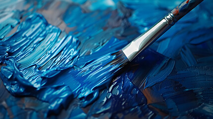 Obraz premium Close up of a paint brush painting in blue against a dark background with room for text