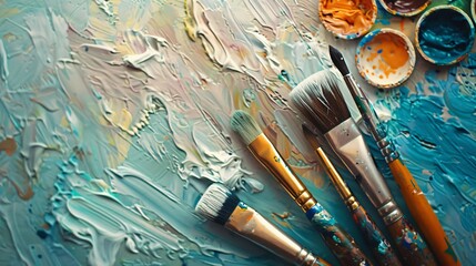 Fototapeta premium A few essential art supplies like brushes and a palette, arranged neatly on a clean surface