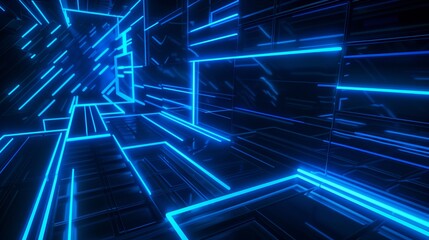 Blue neon lights, lines, technological dark background.
