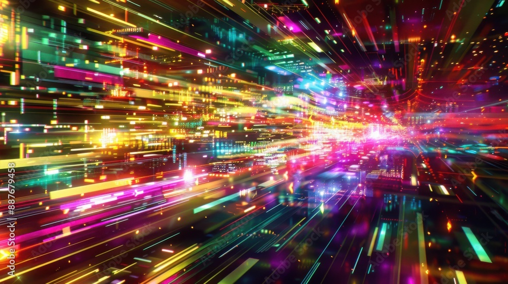 Poster futuristic 3d digital glitch with holographic effect in luminous colors - abstract tech design conce