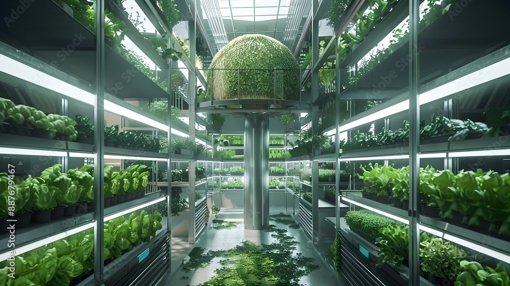 Poster vertical farming setup with crops growing in vertically stacked layers within a controlled indoor en
