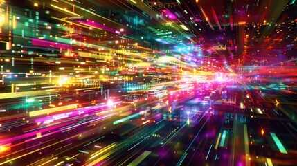 Obraz premium Futuristic 3D Digital Glitch with Holographic Effect in Luminous Colors - Abstract Tech Design Concept with 16:9 Aspect Ratio