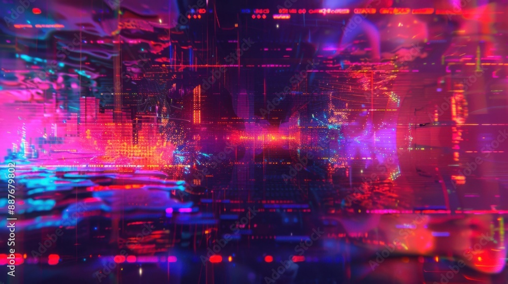 Poster glitching futuristic neon hologram - digital noise pattern in vibrant 16:9 tech display