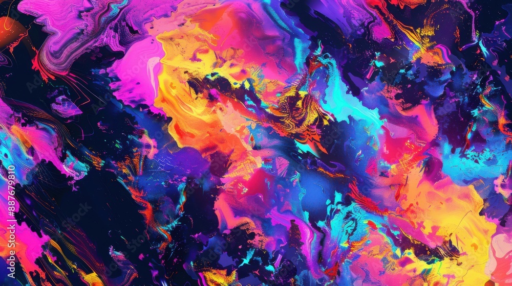 Poster neon fractal glitch: abstract chaotic patterns in vibrant digital art on 16:9 display - futuristic t