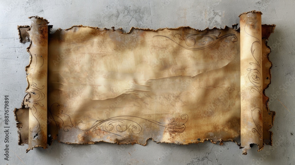 Poster vintage scroll mockup with burnt edges for sign or header overhead view empty area