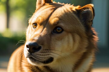 Portrait of a fluffy white Shepherd dog looking curiously with a lolling tongue