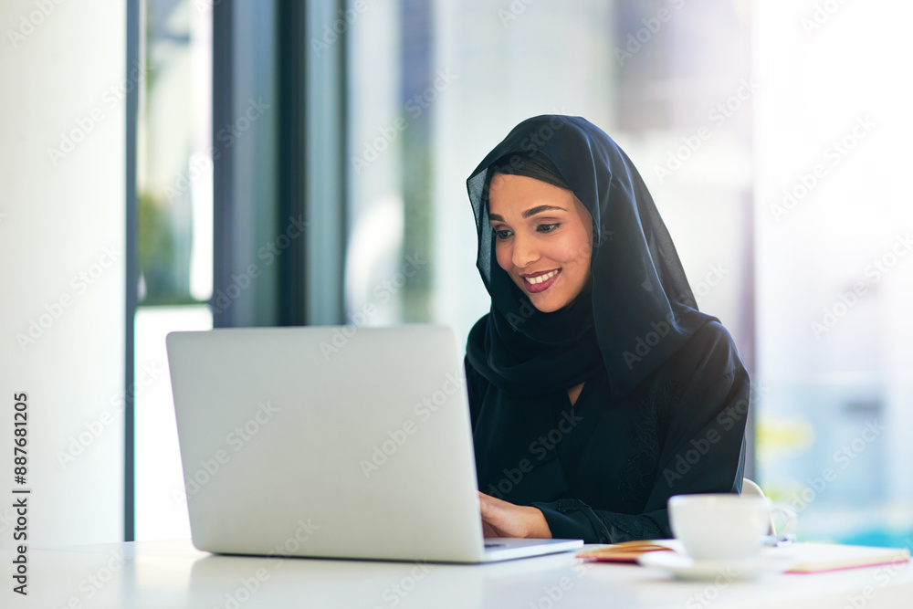 Poster Happy woman, muslim and laptop with hijab at office for communication, email or connection. Islam, female person or employee with smile or scarf on computer for online browsing or web at workplace