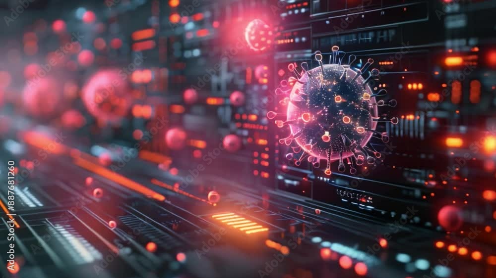 Poster a 3d rendering of a virus model on a digital interface, representing the use of ai to predict and un