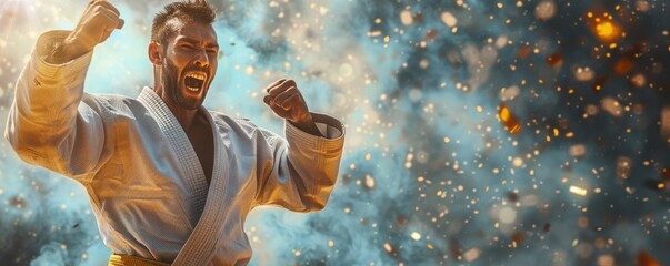 Man in white martial arts uniform, celebrating victory with a triumphant pose.