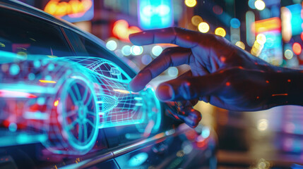 Fototapeta premium A hand reaches out to touch a digital wireframe model of a car projected on a car window