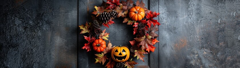 Festive Halloween Wreath with Pumpkins and Autumn Leaves on Rustic Wooden Door