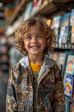 Ni&ntilde;a joven mirando a c&aacute;mara de pie en una biblioteca. Ni&ntilde;os en una tienda de comics que se interesan por la lectura y la cultura.