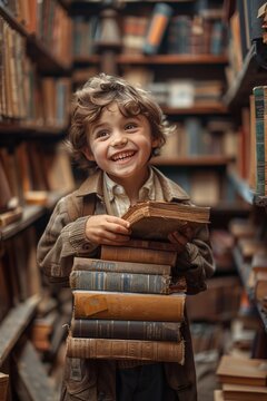 Joven ni&ntilde;o feliz de pie en una biblioteca con luz natural. Ni&ntilde;os en la biblioteca que se interesan por la lectura y la cultura.