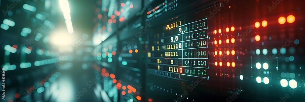 Poster abstract background of digital code and data with green and red lights