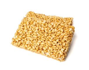 Puffed rice bar isolated, sweet wheat kozinaki, puff cereal block pieces, sugar crispy wheat bar, healthy popped dessert