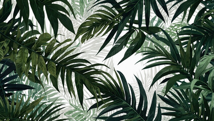 Abstract arrangement of various green tropical leaves on a white background, creating a modern and refreshing botanical design.