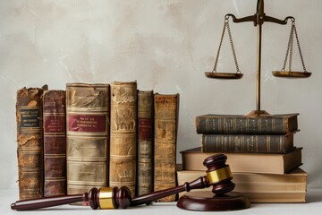 A scale of justice balancing books and a gavel, symbolizing the pursuit of fairness and knowledge
