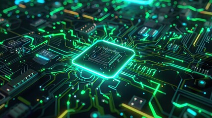 an advanced circuit board with glowing neon green and blue wires leading to the center chip