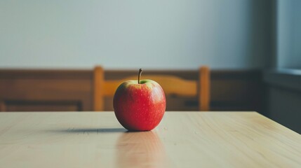 A single, perfect apple placed on a clean, white desk, symbolizing education in a minimalist style