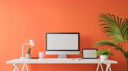 A sleek desk setup with a solid orange background, white desk, and minimalist accessories