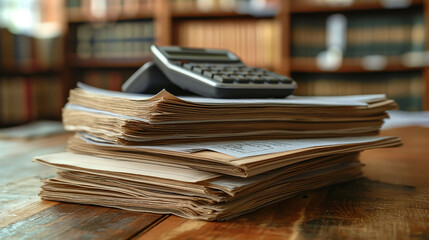 Pile of Documents and Calculator on Desk, Office Background with Blurry Bookshelves. Representing Financial Analysis, Accounting, and Administrative Work.