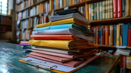 Pile of Documents and Calculator on Desk, Office Background with Blurry Bookshelves. Representing Financial Analysis, Accounting, and Administrative Work.