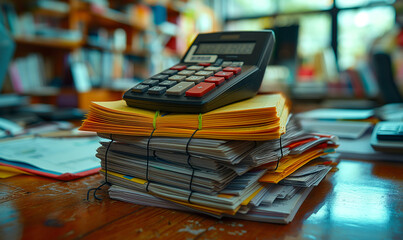 Pile of Documents and Calculator on Desk, Office Background with Blurry Bookshelves. Representing Financial Analysis, Accounting, and Administrative Work.