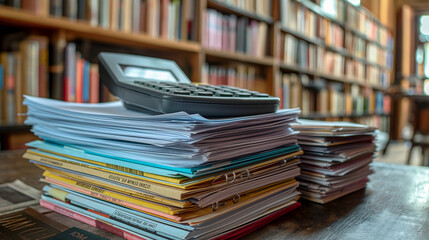 Pile of Documents and Calculator on Desk, Office Background with Blurry Bookshelves. Representing Financial Analysis, Accounting, and Administrative Work.