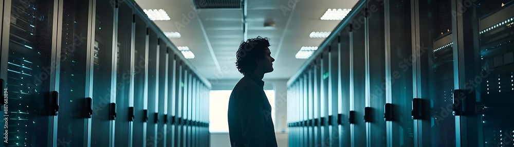 Poster silhouette of a man in a server room - data center image