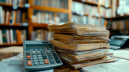 Pile of Documents and Calculator on Desk, Office Background with Blurry Bookshelves. Representing Financial Analysis, Accounting, and Administrative Work.