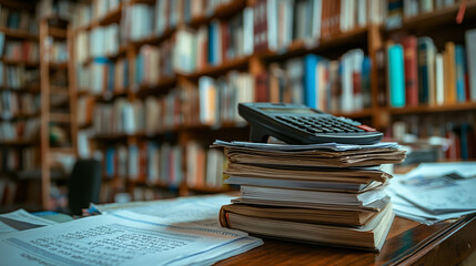 Pile of Documents and Calculator on Desk, Office Background with Blurry Bookshelves. Representing Financial Analysis, Accounting, and Administrative Work.