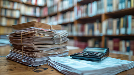 Pile of Documents and Calculator on Desk, Office Background with Blurry Bookshelves. Representing Financial Analysis, Accounting, and Administrative Work.
