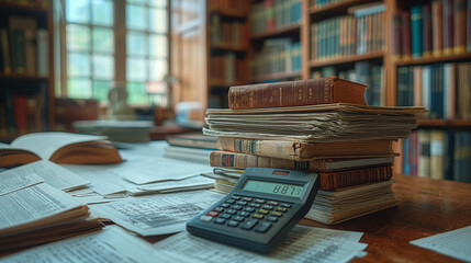 Pile of Documents and Calculator on Desk, Office Background with Blurry Bookshelves. Representing Financial Analysis, Accounting, and Administrative Work.