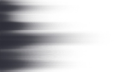 Abstract motion fade halftone vector background. Black and white dotted pattern horizontal transition from dark to white.