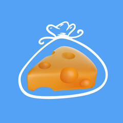 Piece of cheese in realistic 3d style with hand drawn silhouette bag. Minimalistic modern collage. Vector illustration.