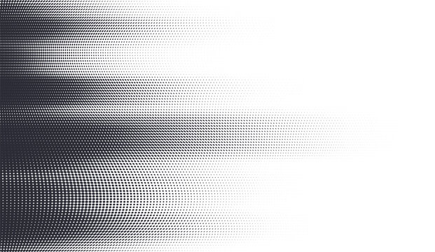 Abstract motion fade halftone vector background. Black and white dotted pattern horizontal transition from dark to white.