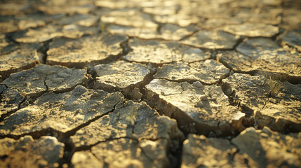 Close-up of dry, cracked earth in a sunlit, arid environment displaying drought conditions