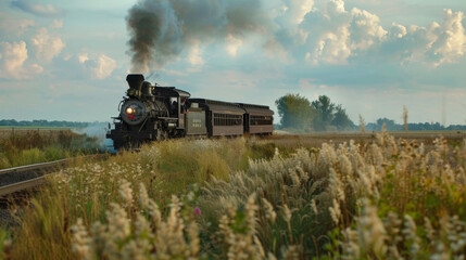 Obraz premium A steam locomotive billowing clouds of white smoke as it travels along the tracks. The powerful train showcases the classic design of steam engines, with plumes of steam rising dramatically against
