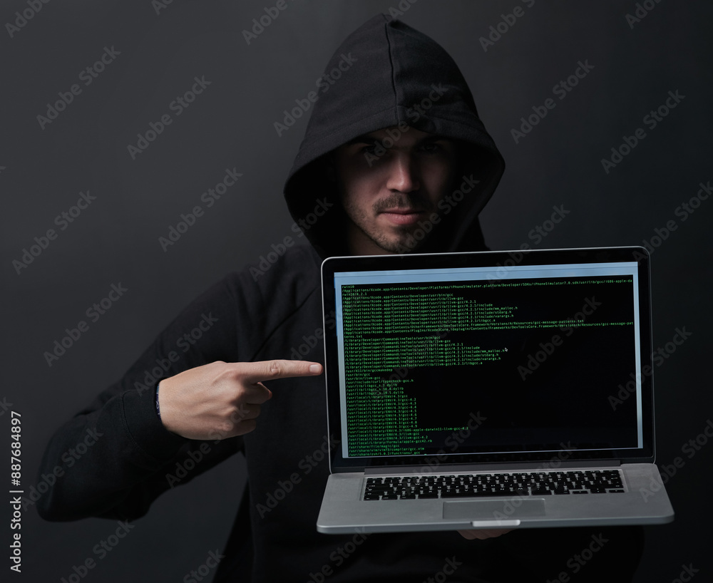Poster crime, hoodie and hacker in studio, laptop screen and fraud of cybersecurity, online and pointing. b