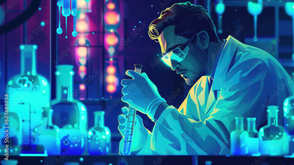 Poster a scientist in a lab coat works on a project in a brightly lit lab at night
