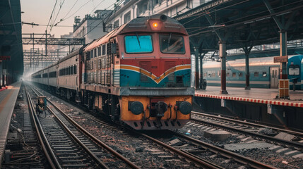 Indian electric locomotive at Amritsar railway station during the day, showcasing vibrant colors and activity around the platform. The scene captures the essence of railway travel in India, 