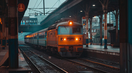 Obraz premium Indian electric locomotive at Amritsar railway station during the day, showcasing vibrant colors and activity around the platform. The scene captures the essence of railway travel in India, 