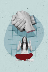 Vertical photo collage of happy girl point up hand shake gesture agreement business cooperation...