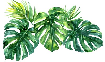 Fototapeta premium Tropical Green Leaves Watercolor Illustration,Generative AI