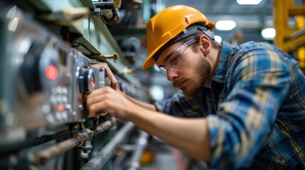 A man in a yellow hard hat is working on a machine