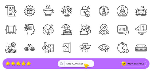 Gps, Cash transit and Approved group line icons for web app. Pack of Headhunting, Mattress, Surprise gift pictogram icons. Vitamin a, Conjunctivitis eye, Open door signs. Exit. Search bar. Vector