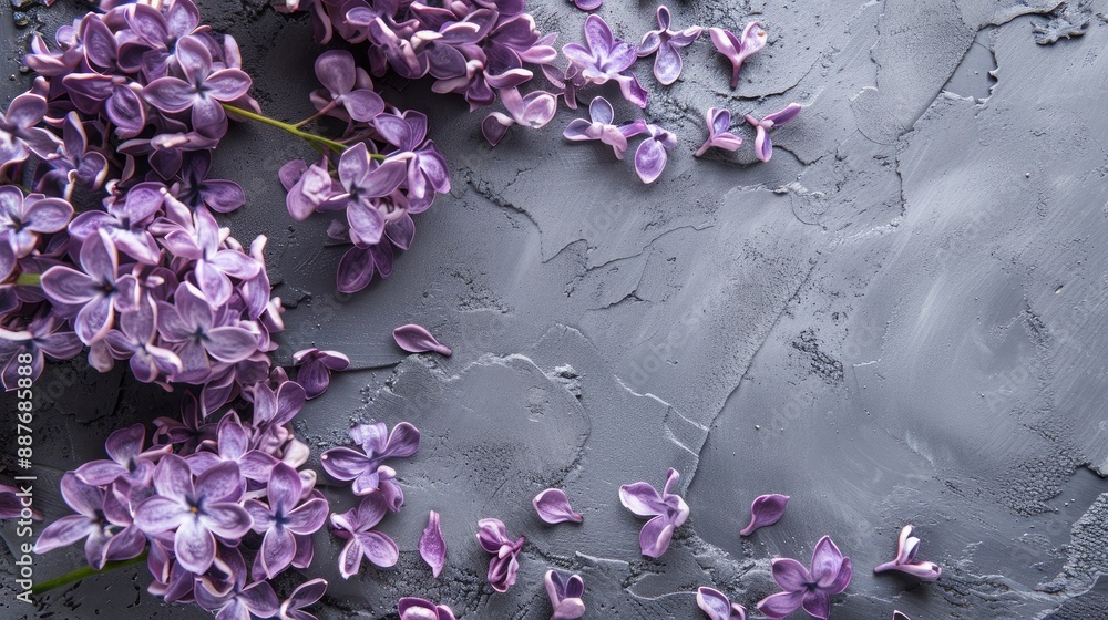 Poster soft lilac atop gray surface with empty space top down view